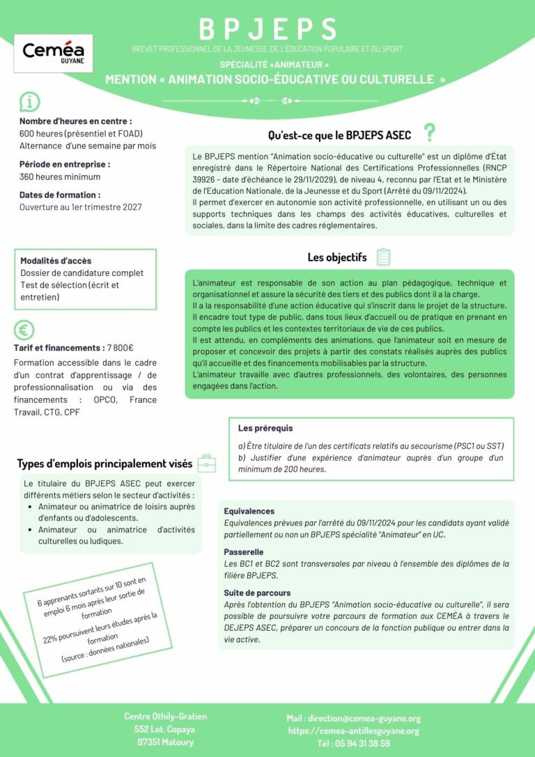Fiche BPJEPS ASEC Guyane